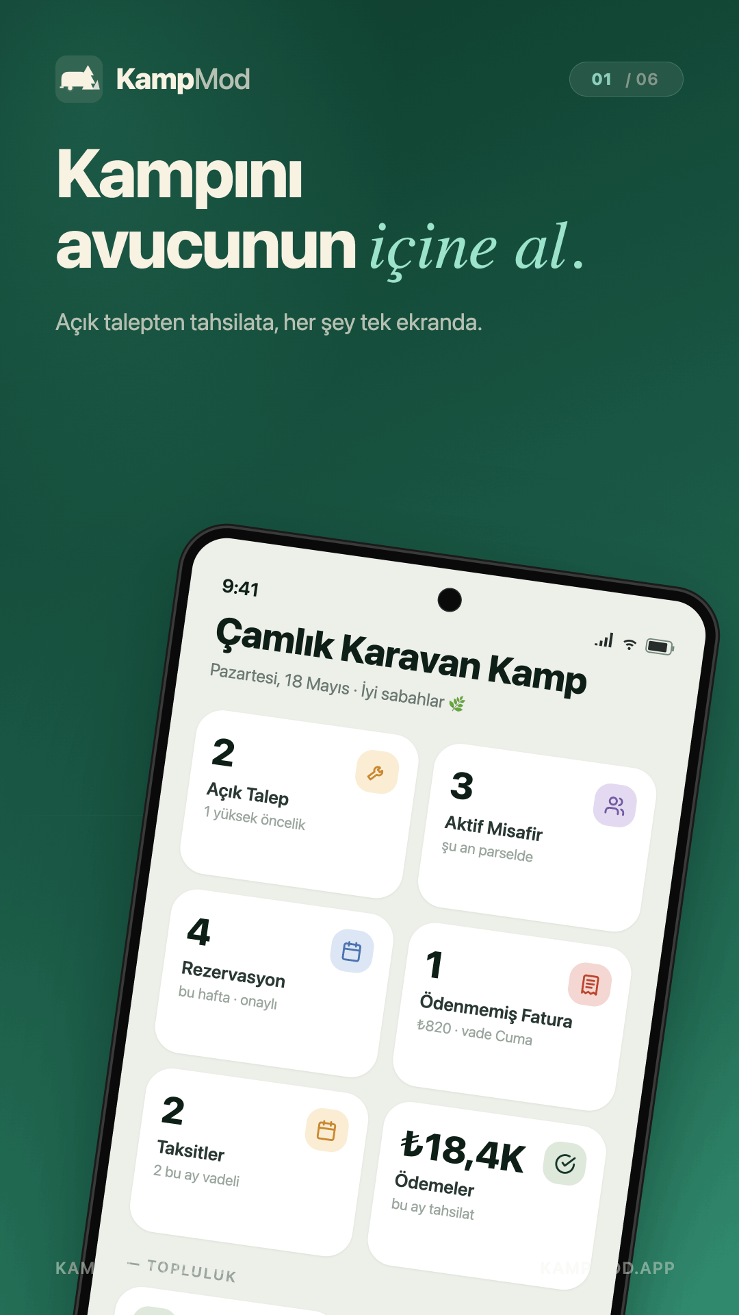 KampMod uygulaması — kamp yöneticisi ana panel