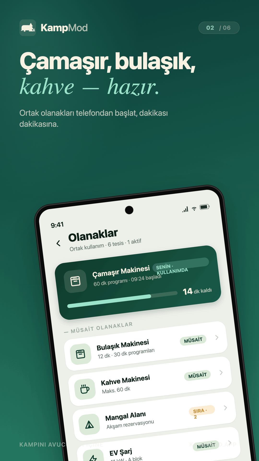 Olanaklar — çamaşır, bulaşık, kahve makinesi rezervasyonu