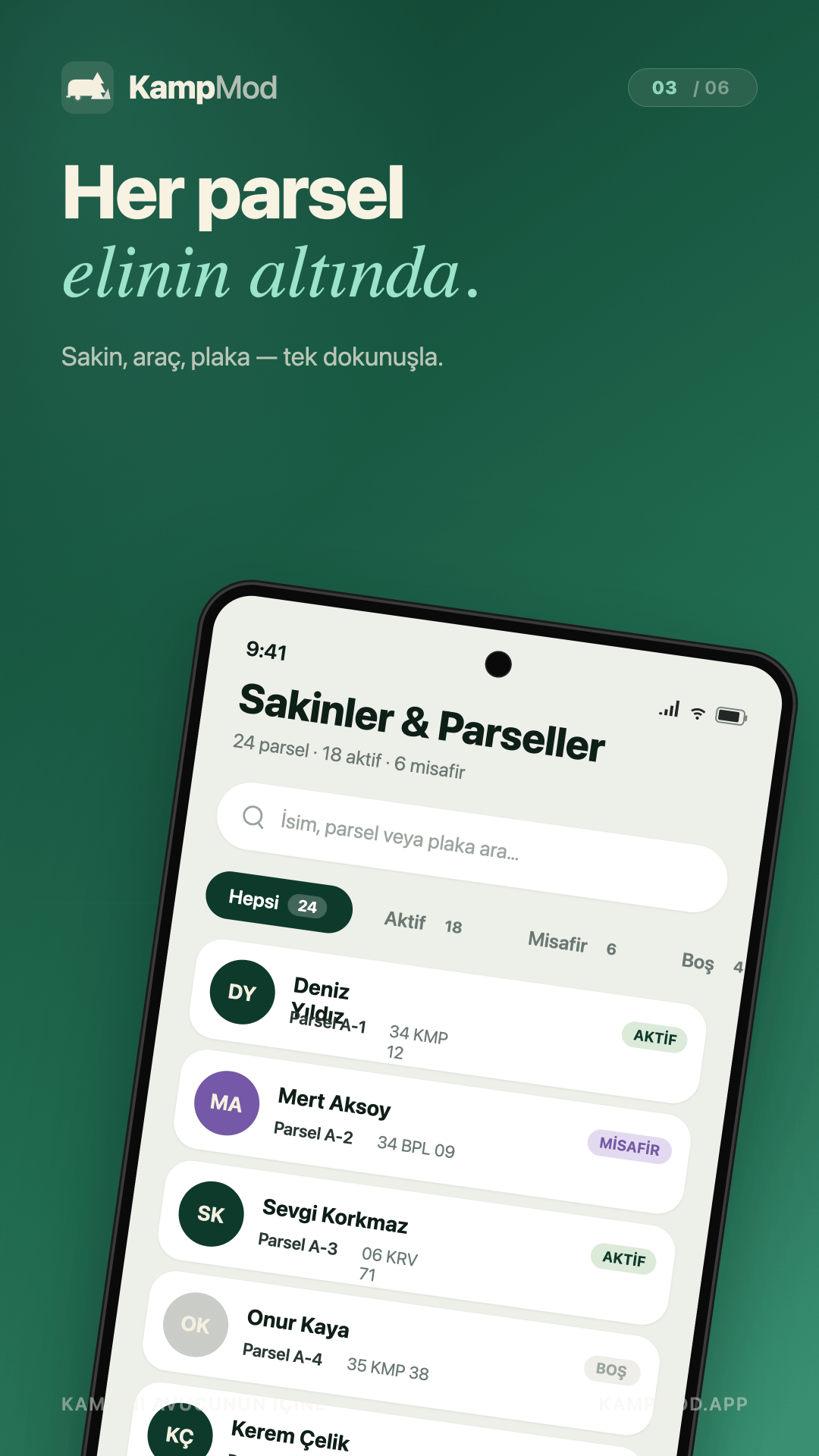 Sakinler ve parseller listesi